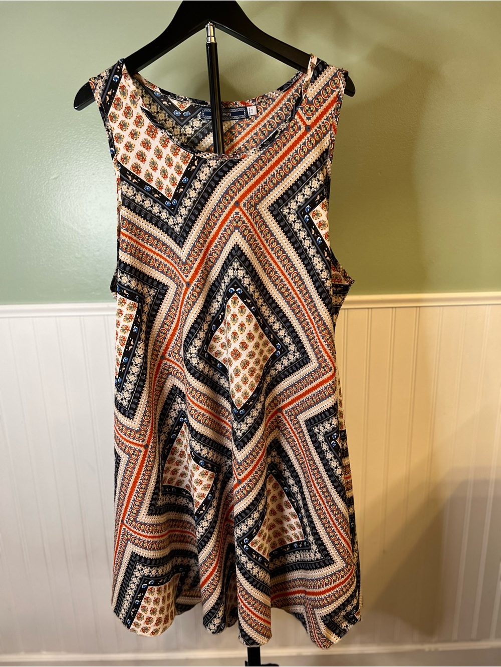 Sleeveless Geo-Print A-Line Mini Dress in Cream, Navy & Rust. Plus-One Size